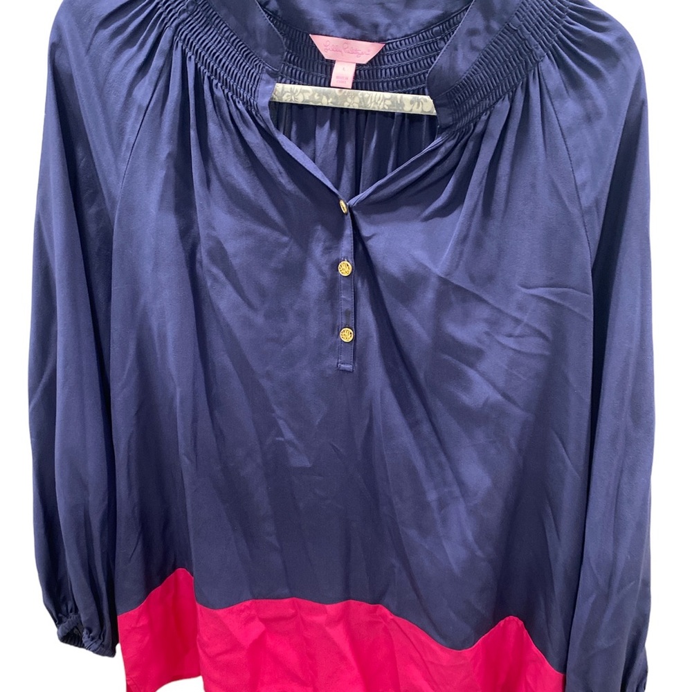 Lilly Pulitzer Pink Navy Silk Elsa Blouse Size L